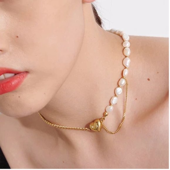 New 18K Gold Natural Pearl Heart Chain Necklace - Picture 4 of 16